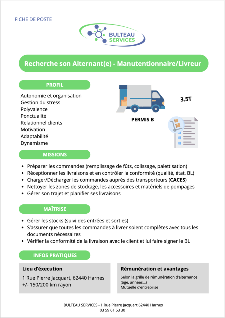 fiche de poste alternance manutentionnaire/Livreur